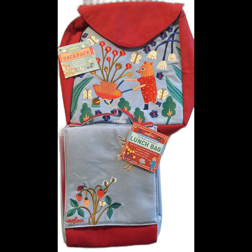 NWT EeBoo Bear Growing Garden Small Backpack & Swan And Strawberries Lunch Bag
